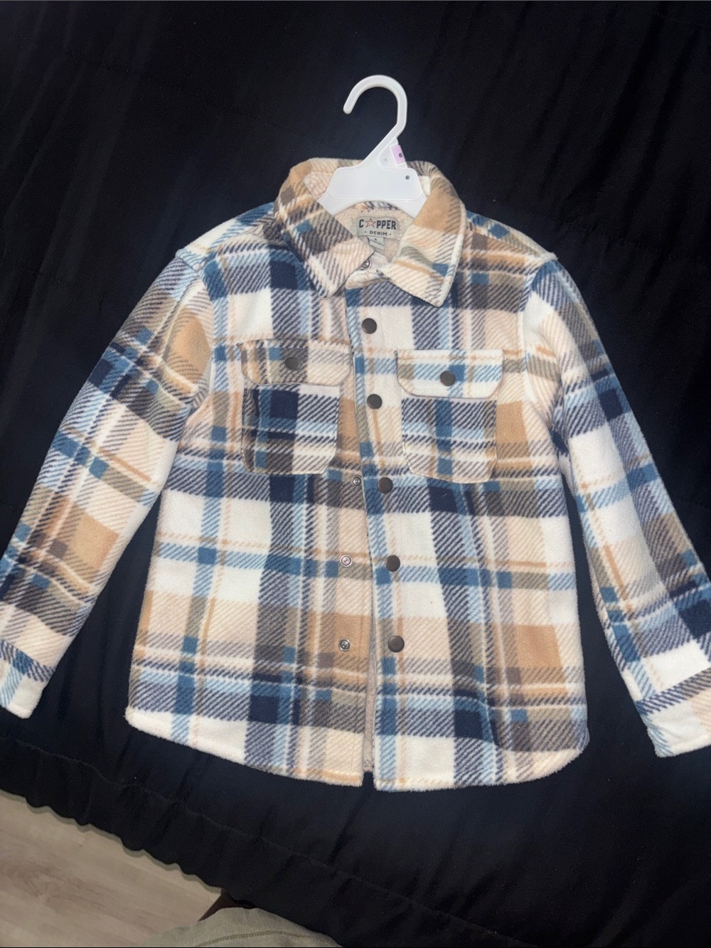 Copper Key Plaid Button-Front Shirt Jacket in Blue and Tan